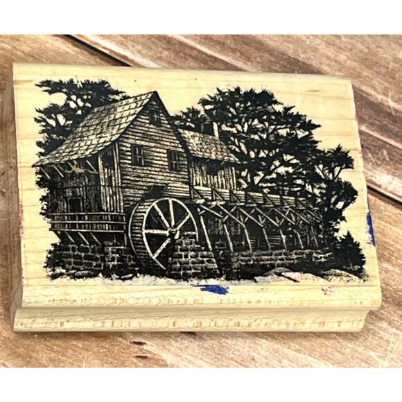 VINTAGE Stampscapes Water Mill 142E Scene Rubber Stamp ON Woodblock - Picture 1 of 5